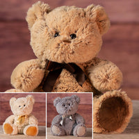 10 in brown grey and cream stuffed teddy bear set wearing a bow