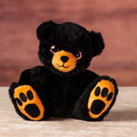 6.5 in stuffed black bear with brown paws and nose and rainbow eyes