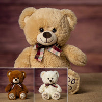 13" Paw Print Teddy Trio in brown, tan. and cream wearing a bow and has paws