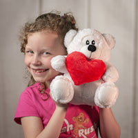 girl holding 9.5" Simple Love Bear Duo in white holding red heart