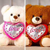 9.5" stuffed sbrown and white shine on valentine bear pair holding a heart