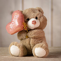 9.5" brown valentine plush bear holding a pink shiny balloon heart with xoxo
