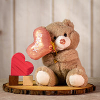 9.5" brown valentine plush bear holding a pink shiny balloon heart with xoxo 