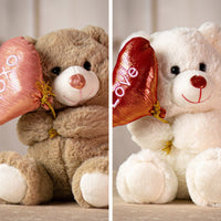 9.5" valentine brown and white plush bear holding a balloon heart