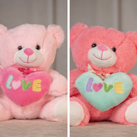 9.5" Pastel Valentine Bear Pair in light pink and coral holding a heart that says love and wearing a bow