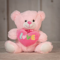 9.5" Pastel Valentine Bear Pair in light pink holding a heart that says love and wearing a bow