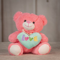  9.5" Pastel Valentine Bear Pair in coral holding a heart that says love and wearing a bow