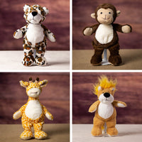 A cheetah, monkey, giraffe and lion stuffed animal