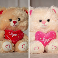 9" Teddy Bear Valentine's Duo with a brown bear holding a red heart and cream bear holding a pink heart.