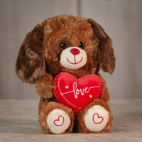 9" Sitting Valentine Doggie Trio in brown with love heart and heart paws