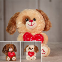 9" Sitting Valentine Doggie Trio in tan brown and cream with love heart and heart paws