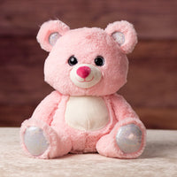 10 in stuffed pink bear with glitter eyes and glitter ears and paws