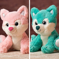 10 in stuffed pink and blue wolf with glitter eyes and glitter ears and paws