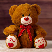 14.5 stuffed brown valentines bear with heart nose and heart paw wearing a bow