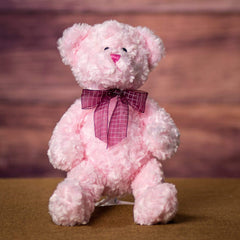 A pink bear that is 14 inches tall while standing