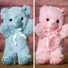 A pink and blue bear that are 14 inches tall while standing