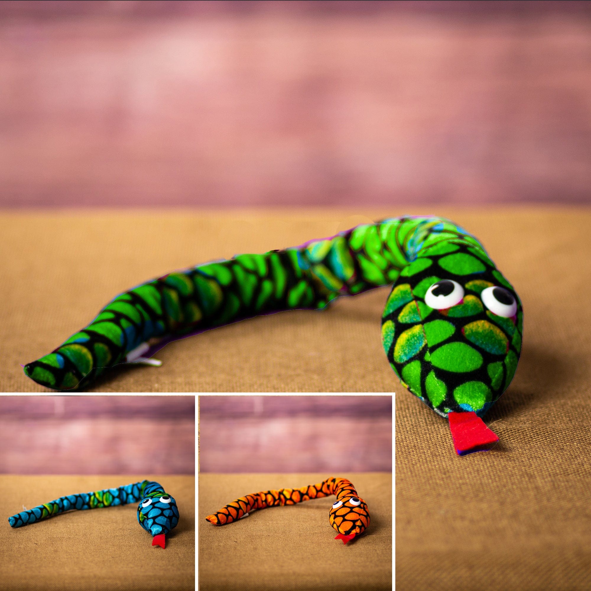 Three spotted snakes that are 17 inches from head to tail in green, blue, and orange