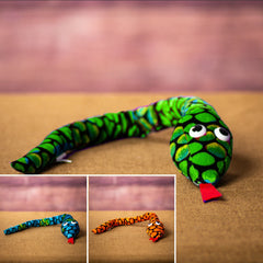Three spotted snakes that are 17 inches from head to tail in green, blue, and orange