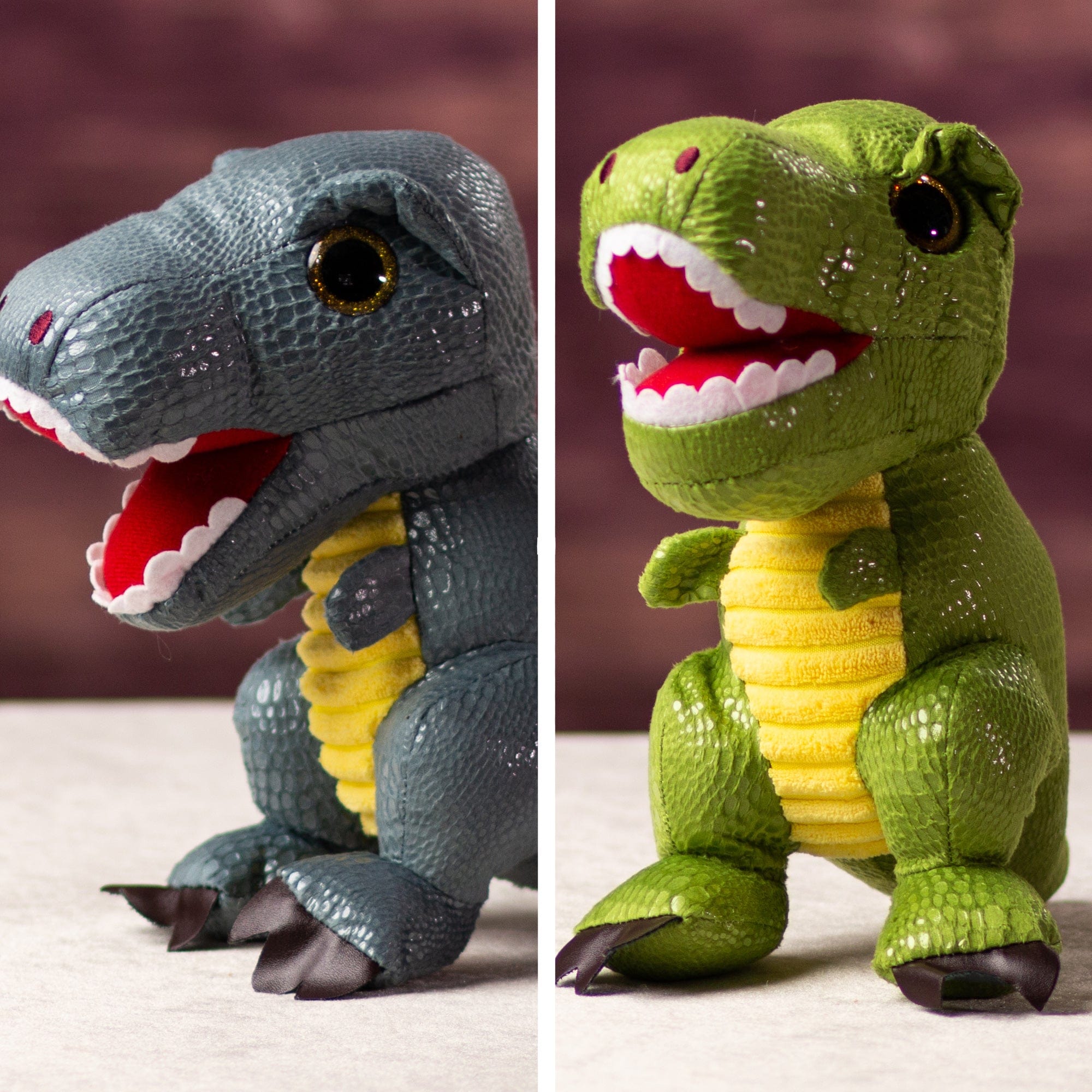 A gray and green dinosaur that are 9.5 inches tall while standing