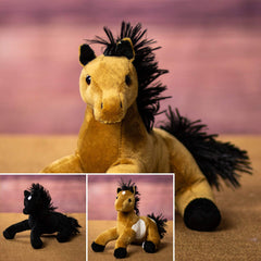 A beige, brown and black horses that are 9 inches from head to tail