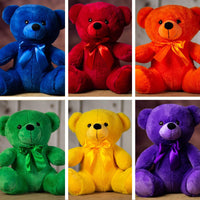 A blue, red, orange, green, yellow, and purple bear that are 14 inches tall while sitting wearing a matching bow