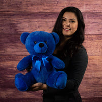 A woman holds a blue bear that is 14 inches tall while sitting wearing a matching bow