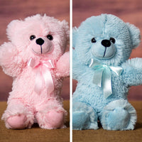 A pink and blue bear that are 12 inches tall while standing