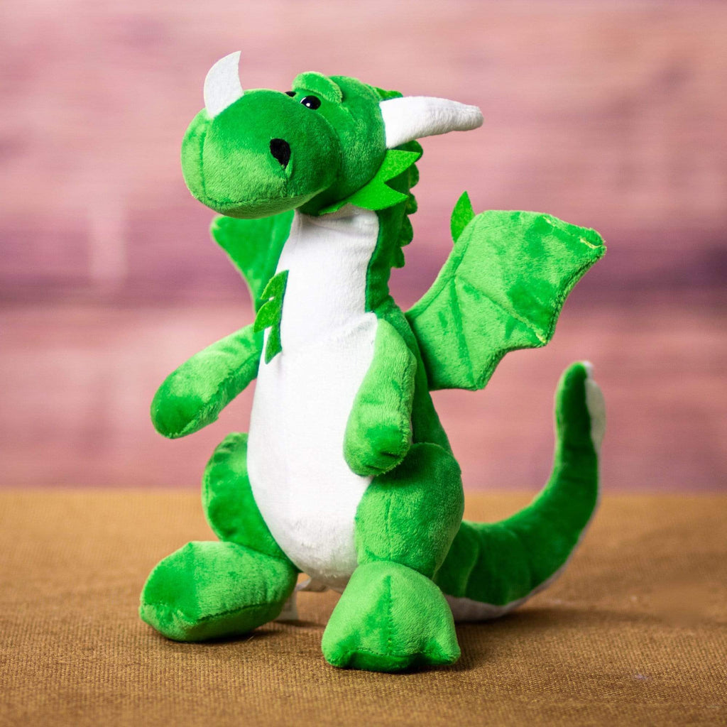 A green dragon that is 10 inches tall while sitting