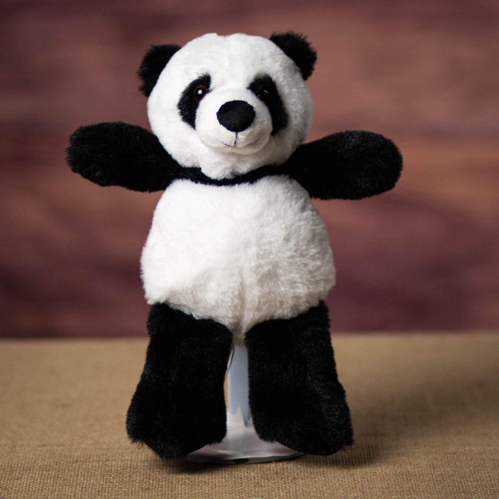 A black and white panda that is 11 inches tall while standing