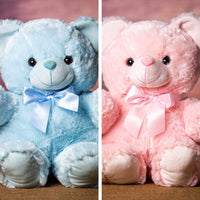 A blue and pink bear that are 18 inches tall while standing