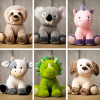 A sitting sloth, koala, unicorn, cow, dog, and triceratops that are 10.5 inches while sitting