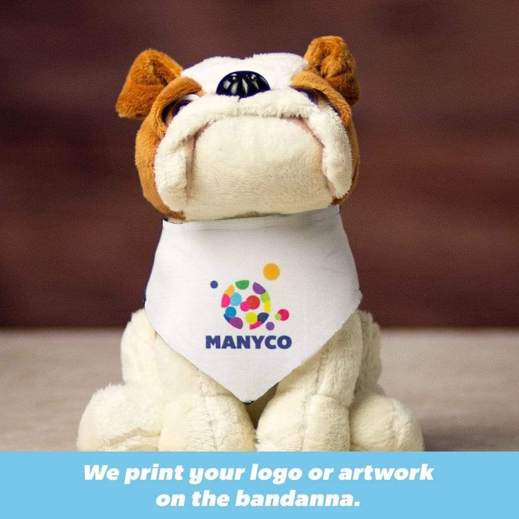 A sitting bulldog wearing a white bandanna with a logo printed on it