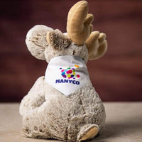 A sitting moose wearing a white bandanna with a logo printed on it