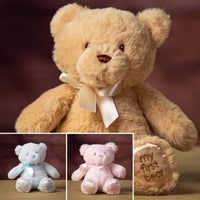 A blue, pink, and beige bear that are 10 inches tall while sitting with "My First Bear" on its left paw