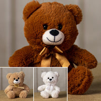 A white, beige, and brown bear that are 7 inches tall while sitting