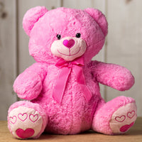 A pink bear that is 19.5 inches tall with a heart nose and embroidered red hearts on its feet