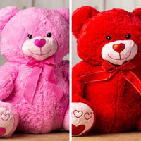 A red and pink bear that are 19.5 inches tall with a heart nose and embroidered red hearts on its feet