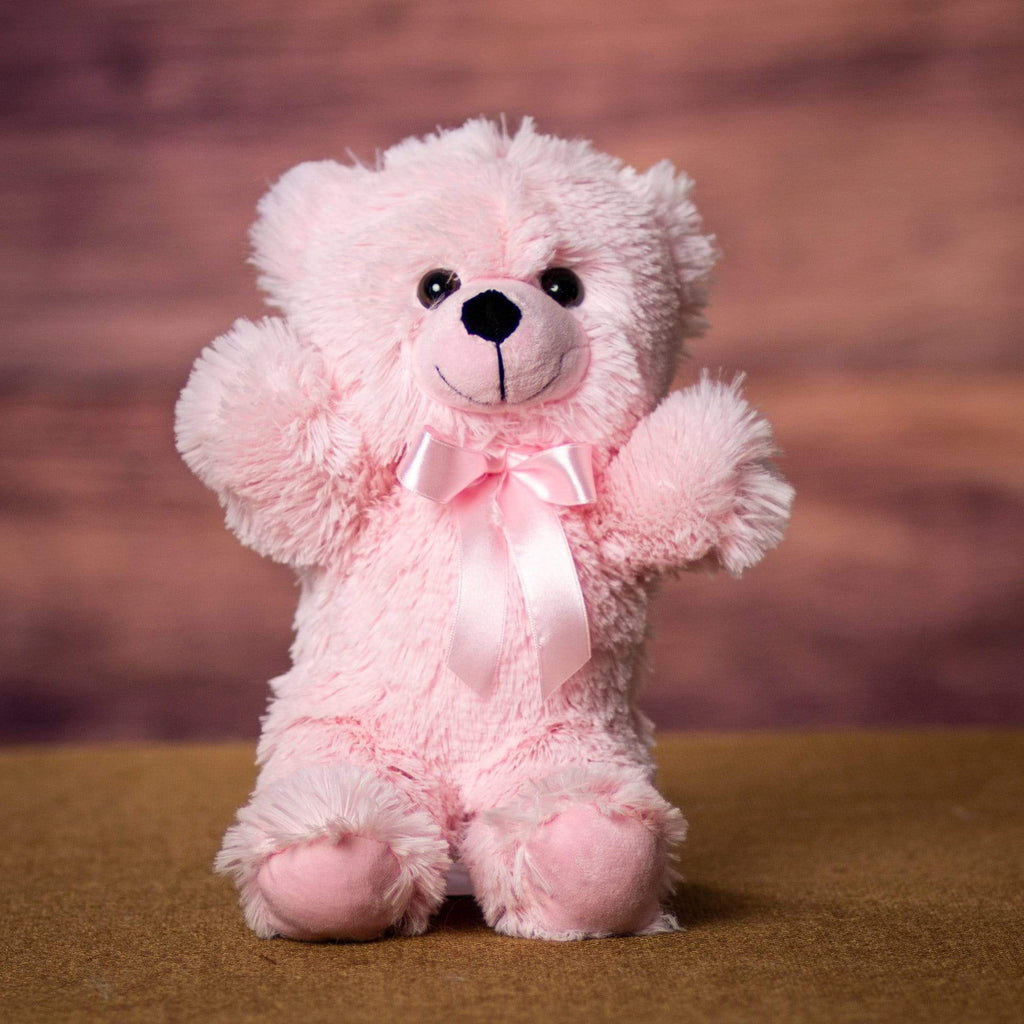 A pink bear that is 12 inches tall while standing