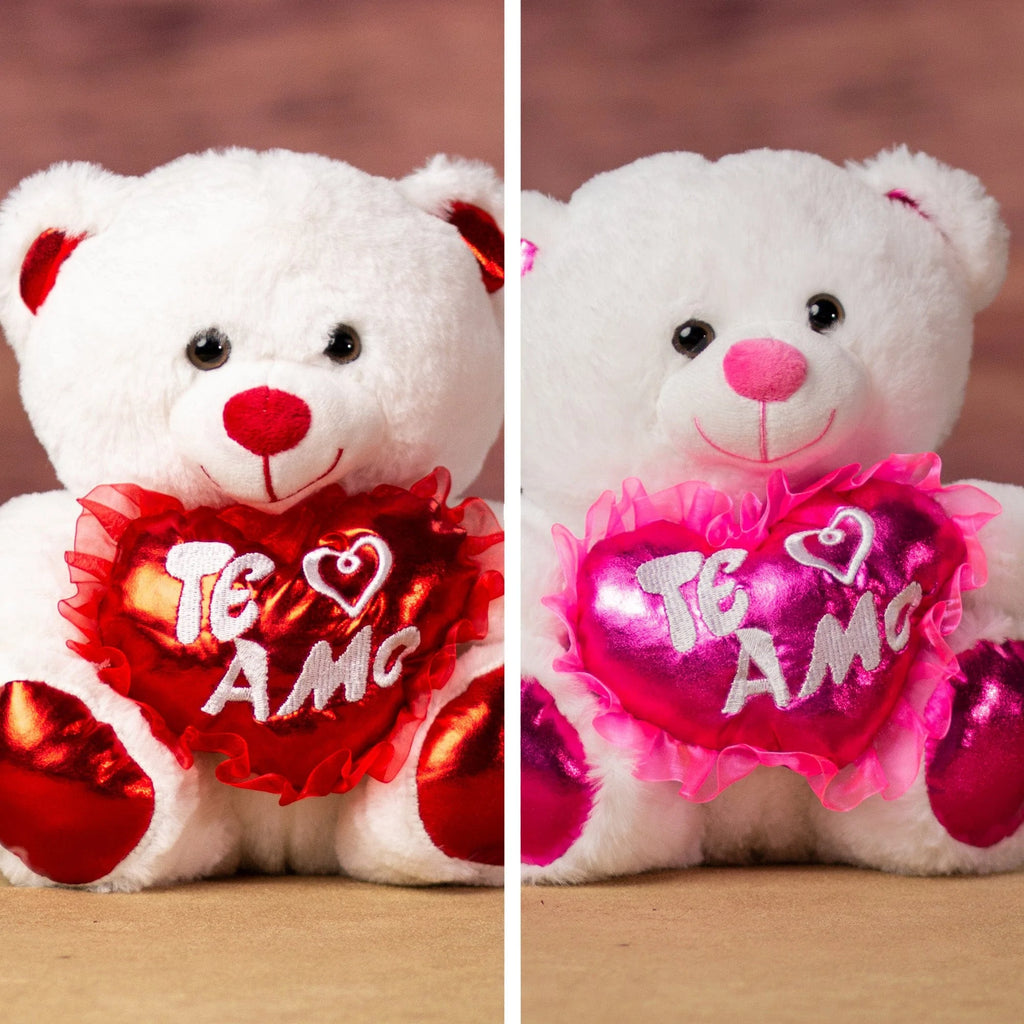 White bears that are 10 inches tall while sitting with shiny feet and ears holding a shiny "Te Amo" heart