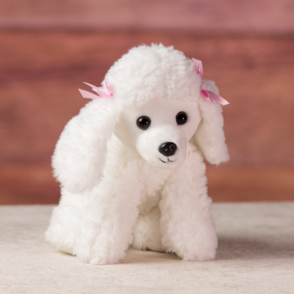 stuffed 10 in snow white poodle with pink bows on ears