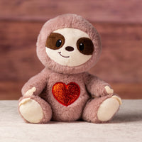 9 in valentines sloth with a glitter heart on stomach