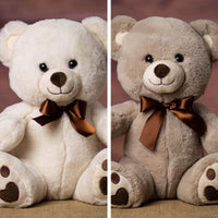 A cream and beige bear that are 11 inches tall while sitting with paw prints on its feet