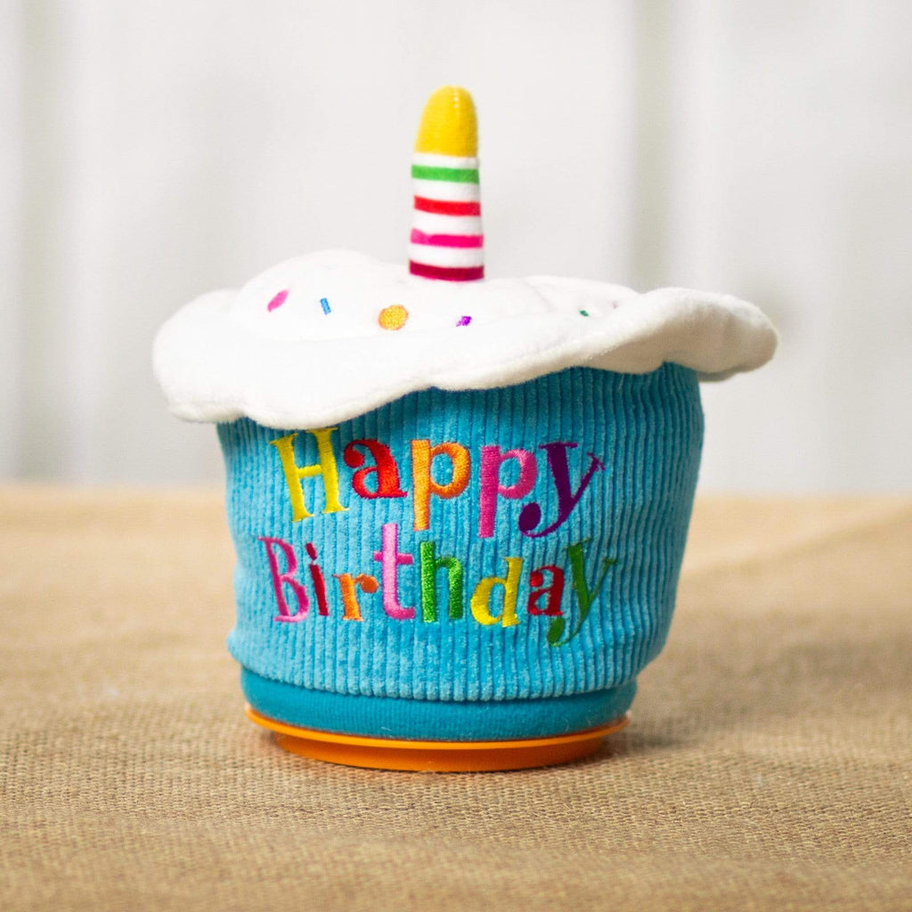 A colorful animated/singing birthday cupcake that is 6 inches both tall and wide