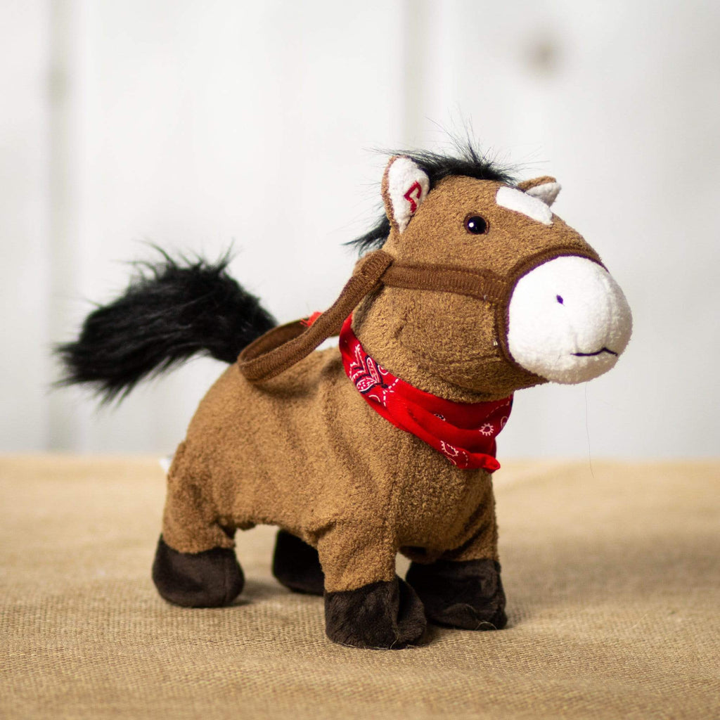 A brown musical/animated pony that is 10 inches from head to tail while standing 