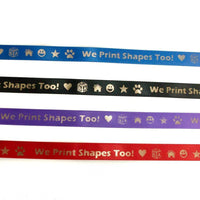 Blue, black, purple, and red ribbon with writing