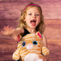 girl holding girl holding 8 in stuffed fluffy and spunky cat with sparkle eyes