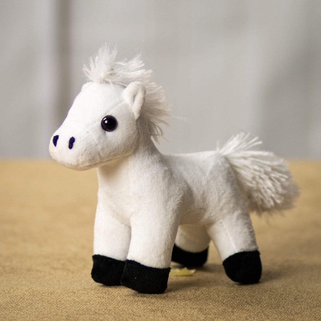 A standing white horse that is 5.5 inches from head to toe with black hooves