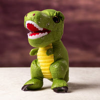 A green dinosaur that is 9.5 inches tall while standing