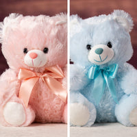 A pink and blue bear that are 10 inches tall while sitting