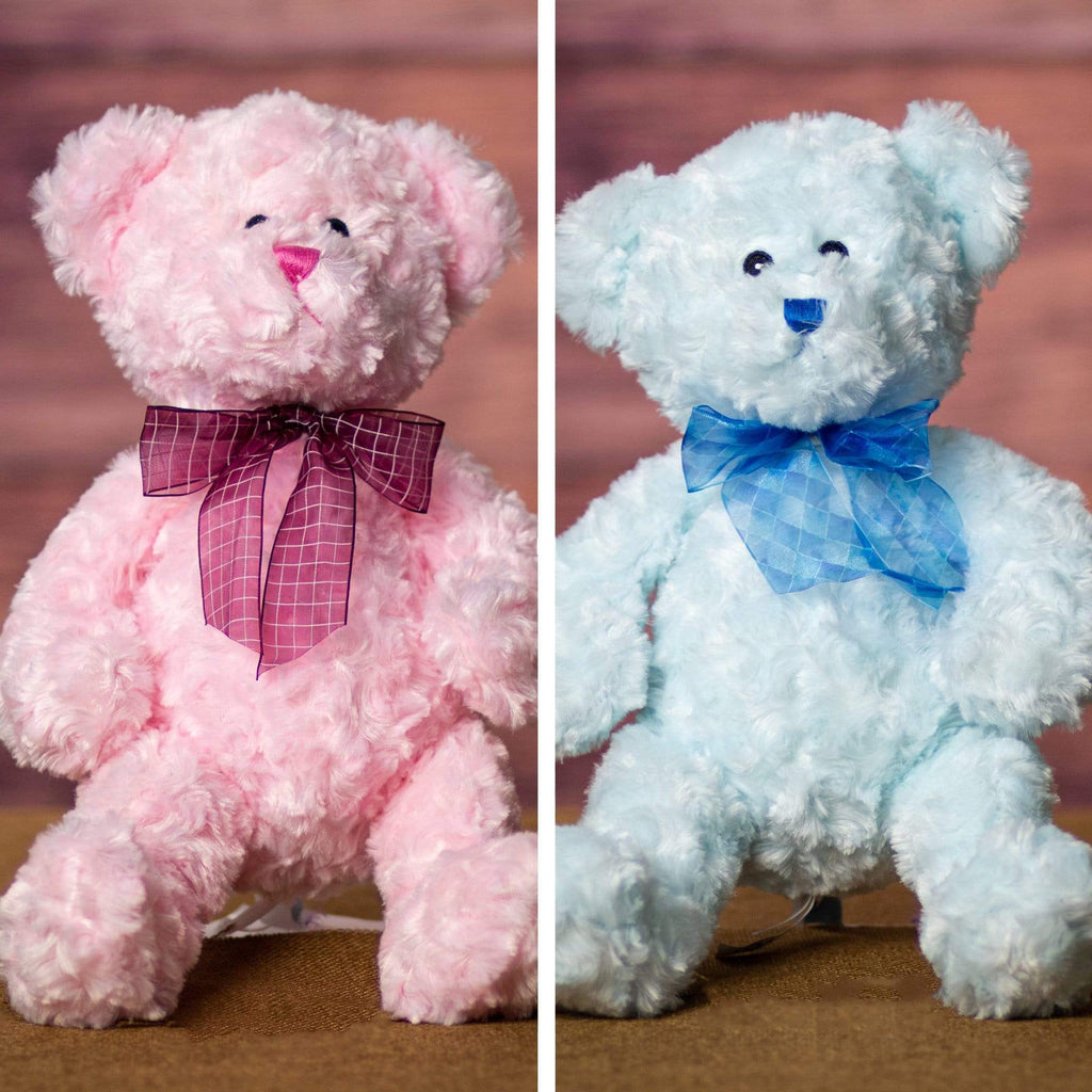A pink and blue bear that are 14 inches tall while standing